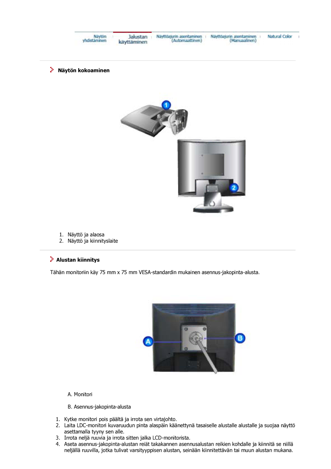 Samsung GS17VSSS/EDC manual Näytön kokoaminen, Alustan kiinnitys 