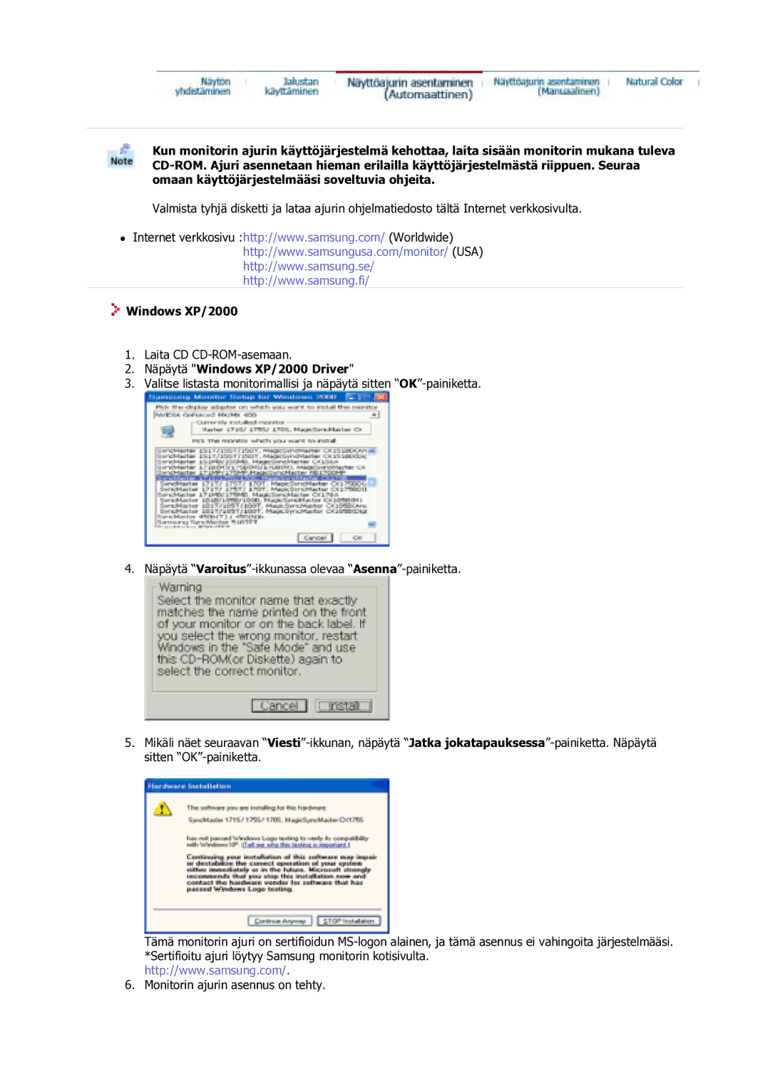 Samsung GS17VSSS/EDC manual Näpäytä Windows XP/2000 Driver 