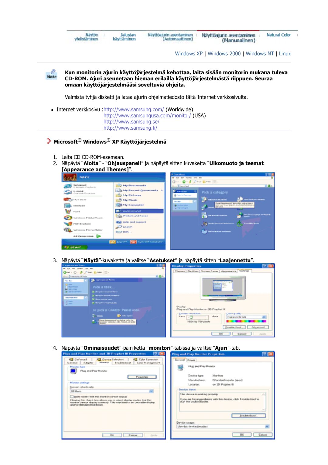 Samsung GS17VSSS/EDC manual Microsoft Windows XP Käyttöjärjestelmä 