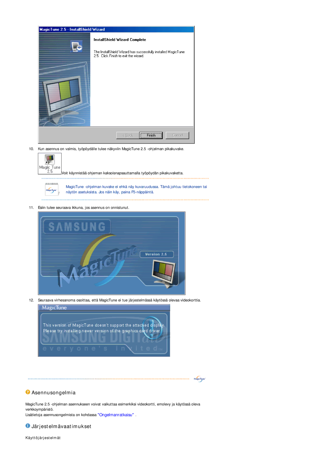 Samsung GS17VSSS/EDC manual Asennusongelmia, Järjestelmävaatimukset 