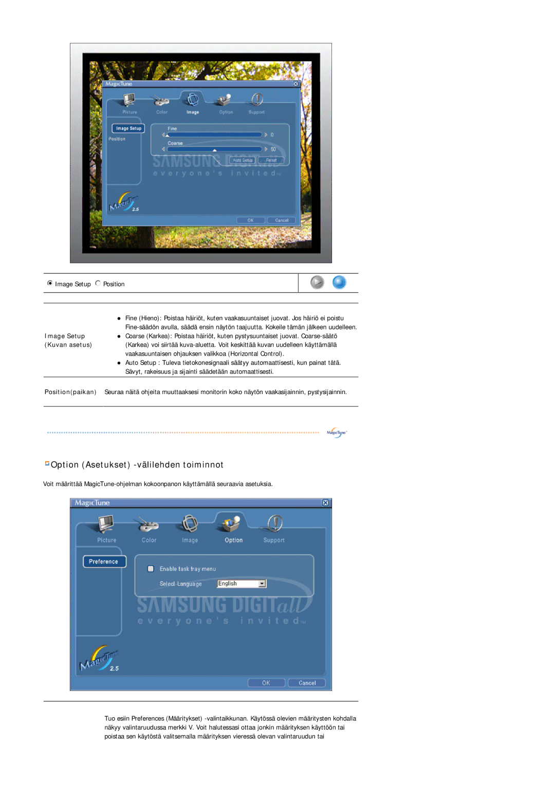 Samsung GS17VSSS/EDC manual Option Asetukset -välilehden toiminnot, Kuvan asetus 