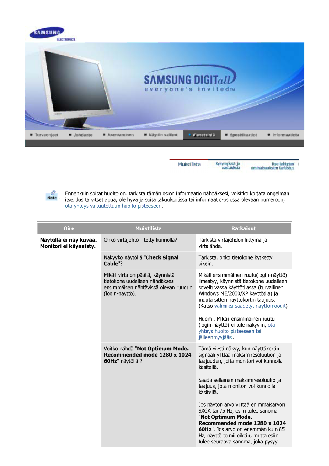 Samsung GS17VSSS/EDC manual Monitori ei käynnisty, Cable? 