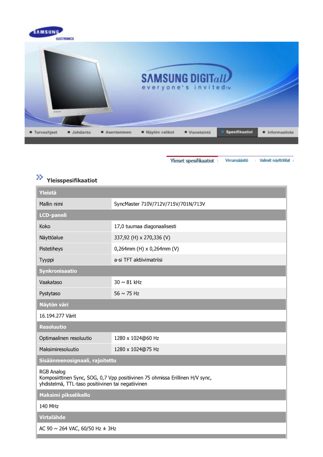 Samsung GS17VSSS/EDC manual Yleisspesifikaatiot, LCD-paneli 