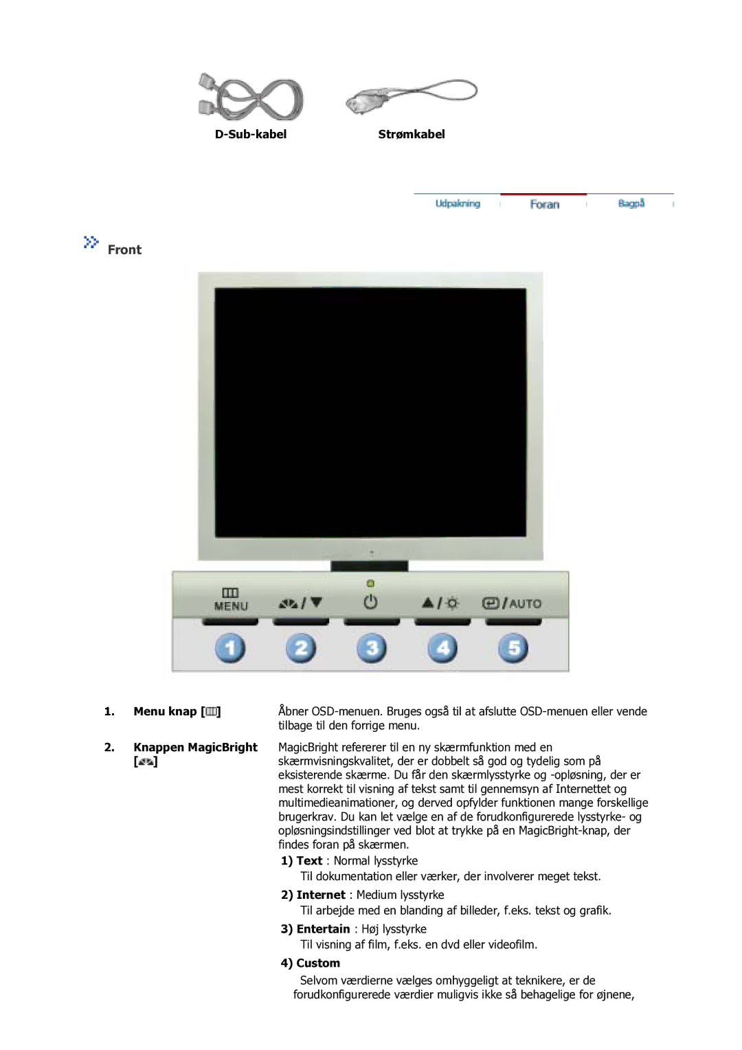 Samsung GS17VSSS/EDC manual Front, Sub-kabelStrømkabel, Menu knap, Custom 