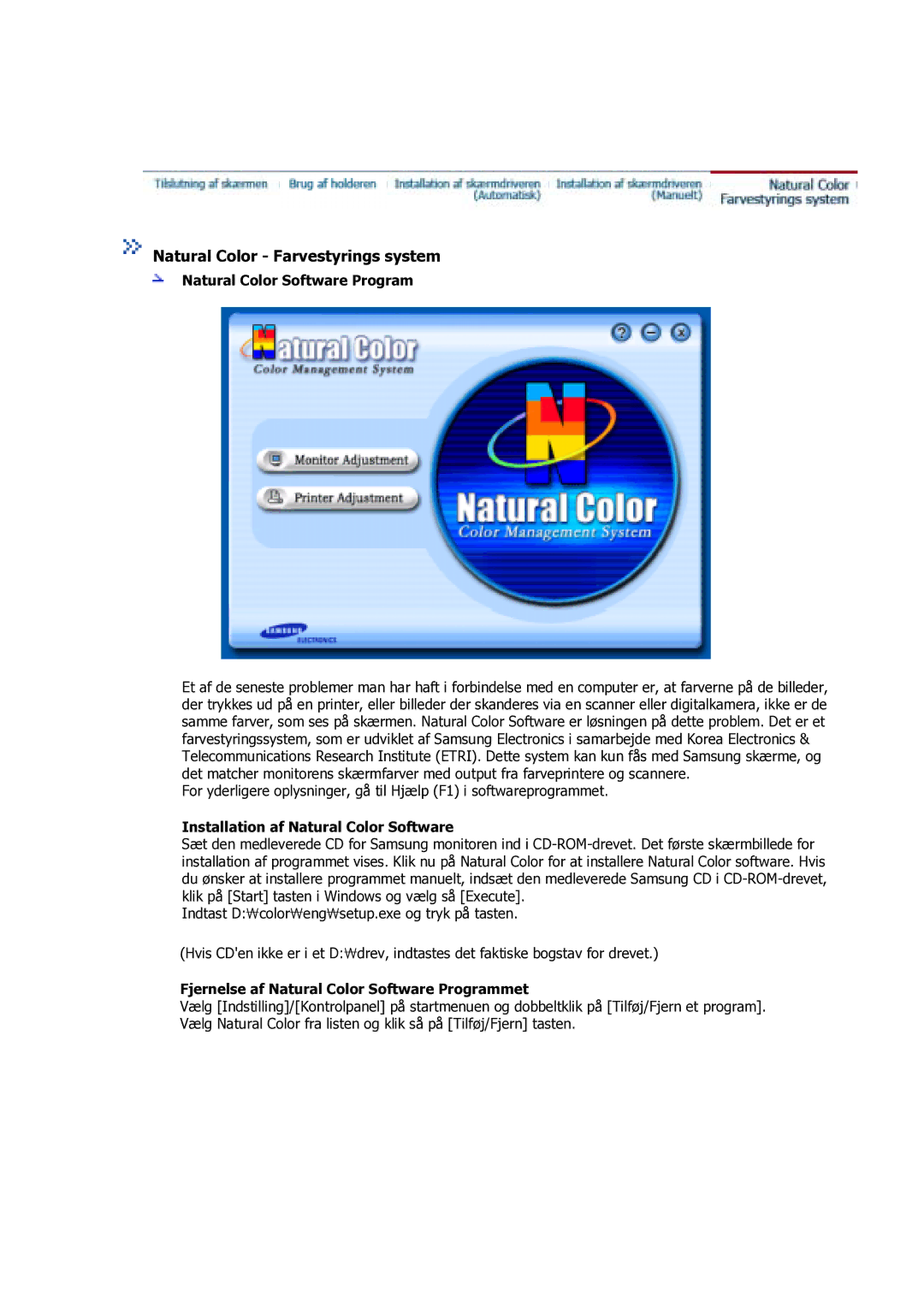 Samsung GS17VSSS/EDC manual Natural Color Software Program, Installation af Natural Color Software 