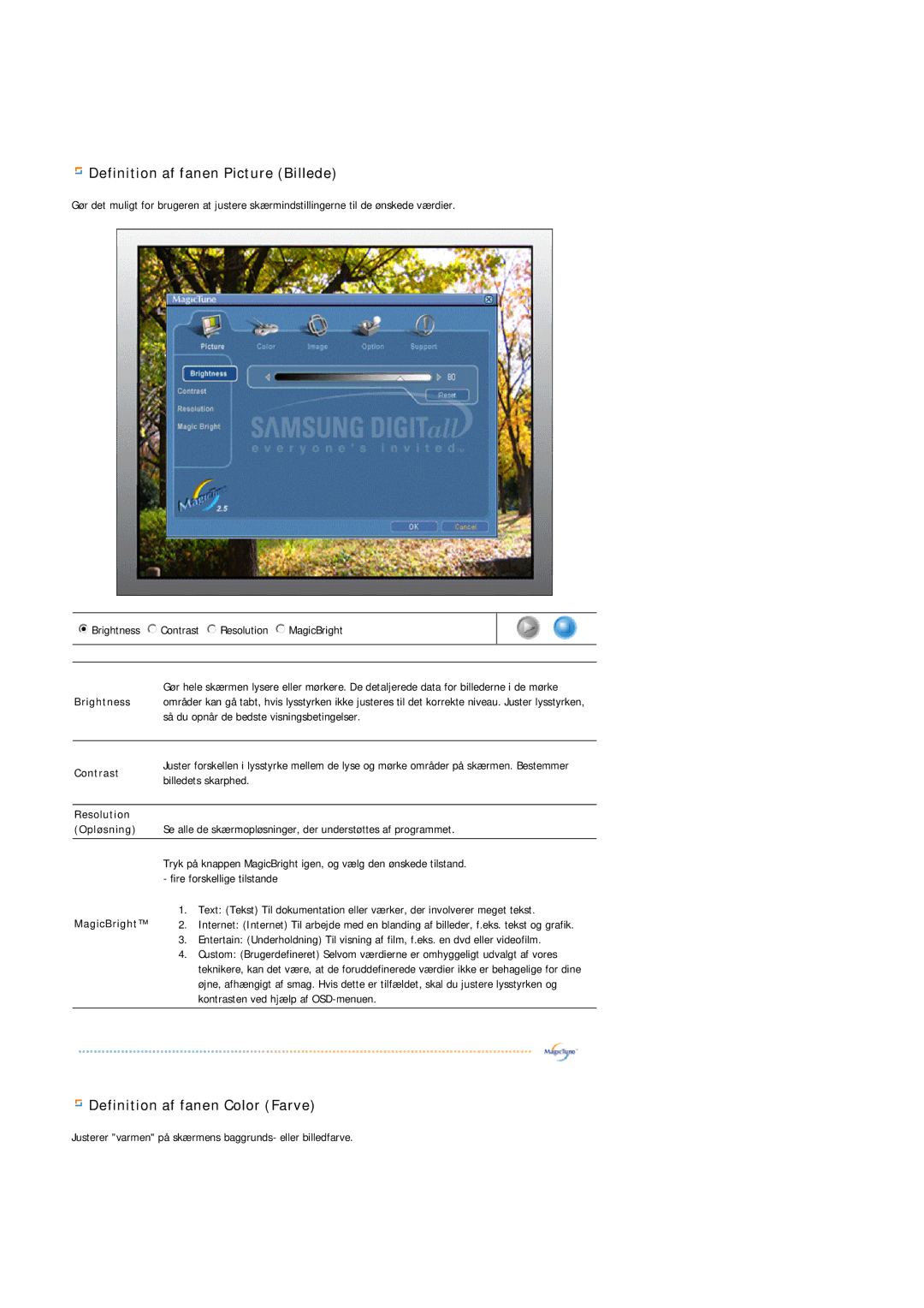 Samsung GS17VSSS/EDC manual Definition af fanen Picture Billede, Definition af fanen Color Farve 