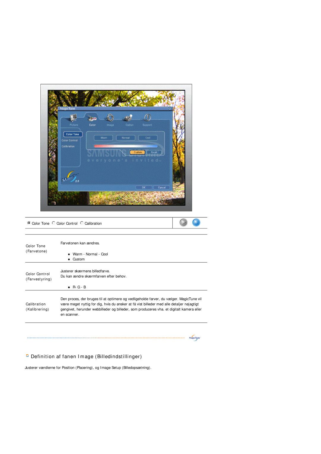 Samsung GS17VSSS/EDC manual Definition af fanen Image Billedindstillinger, Farvetone 