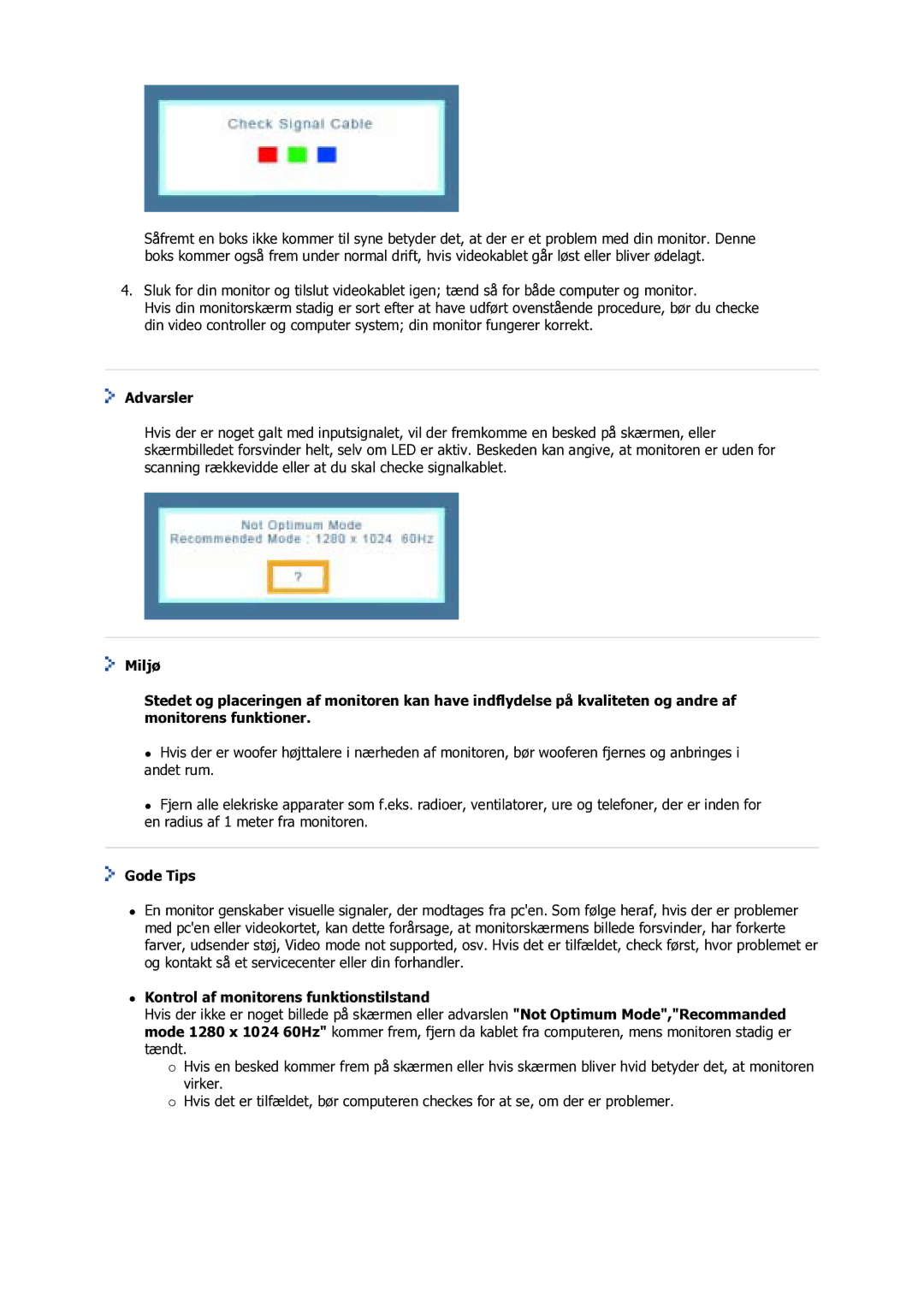 Samsung GS17VSSS/EDC manual Advarsler, Gode Tips, Kontrol af monitorens funktionstilstand 