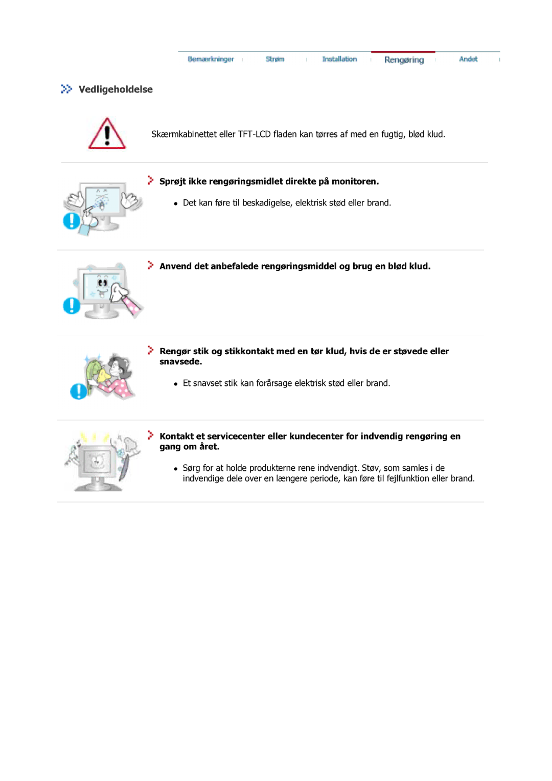 Samsung GS17VSSS/EDC manual Vedligeholdelse, Sprøjt ikke rengøringsmidlet direkte på monitoren 