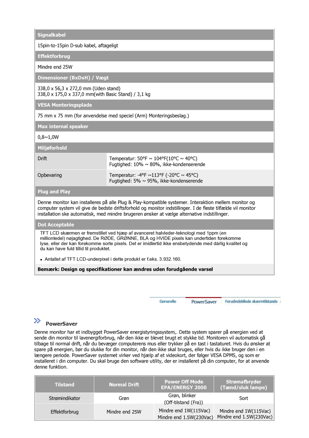 Samsung GS17VSSS/EDC manual Tilstand Normal Drift Power Off Mode 