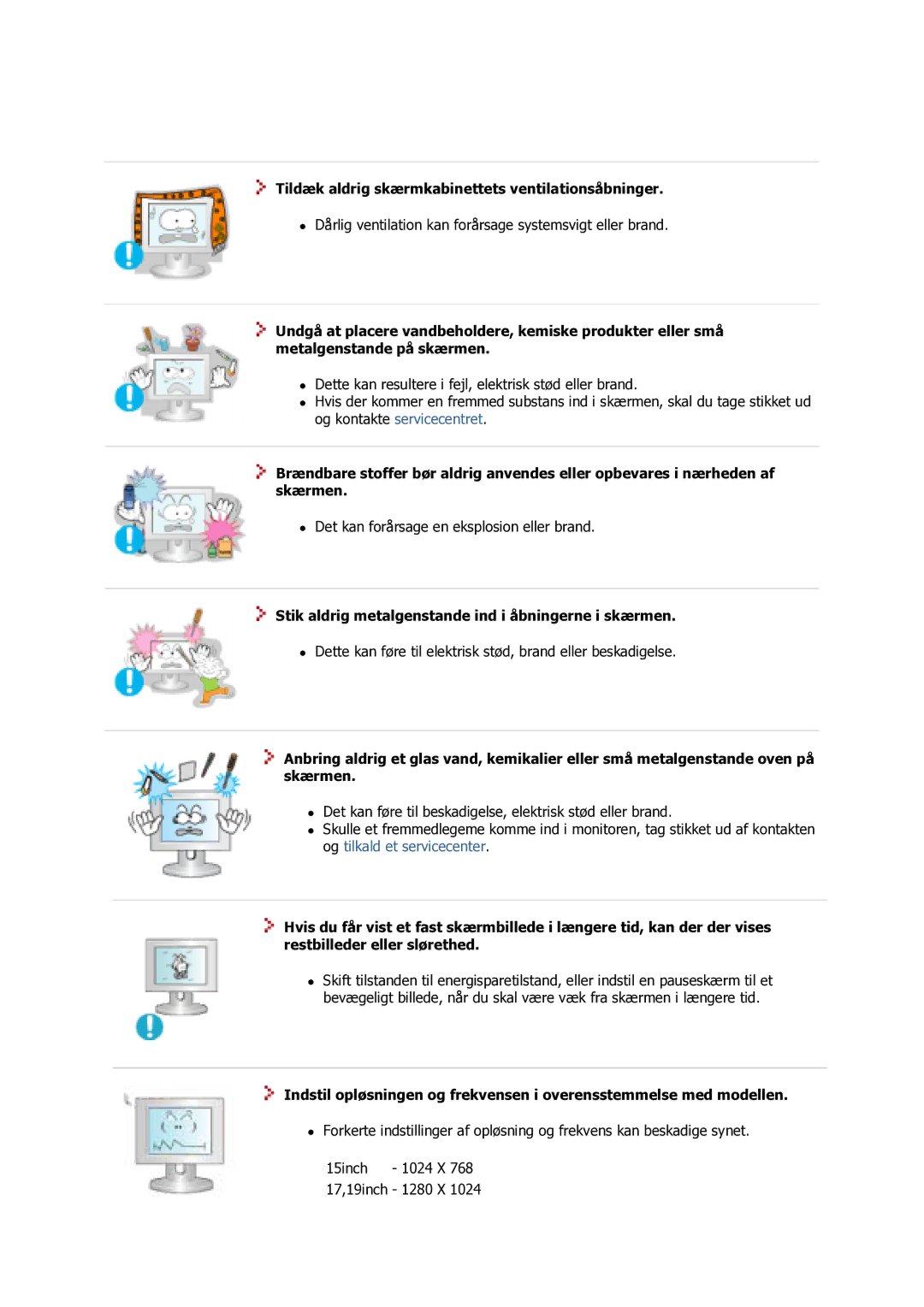 Samsung GS17VSSS/EDC manual Tildæk aldrig skærmkabinettets ventilationsåbninger 