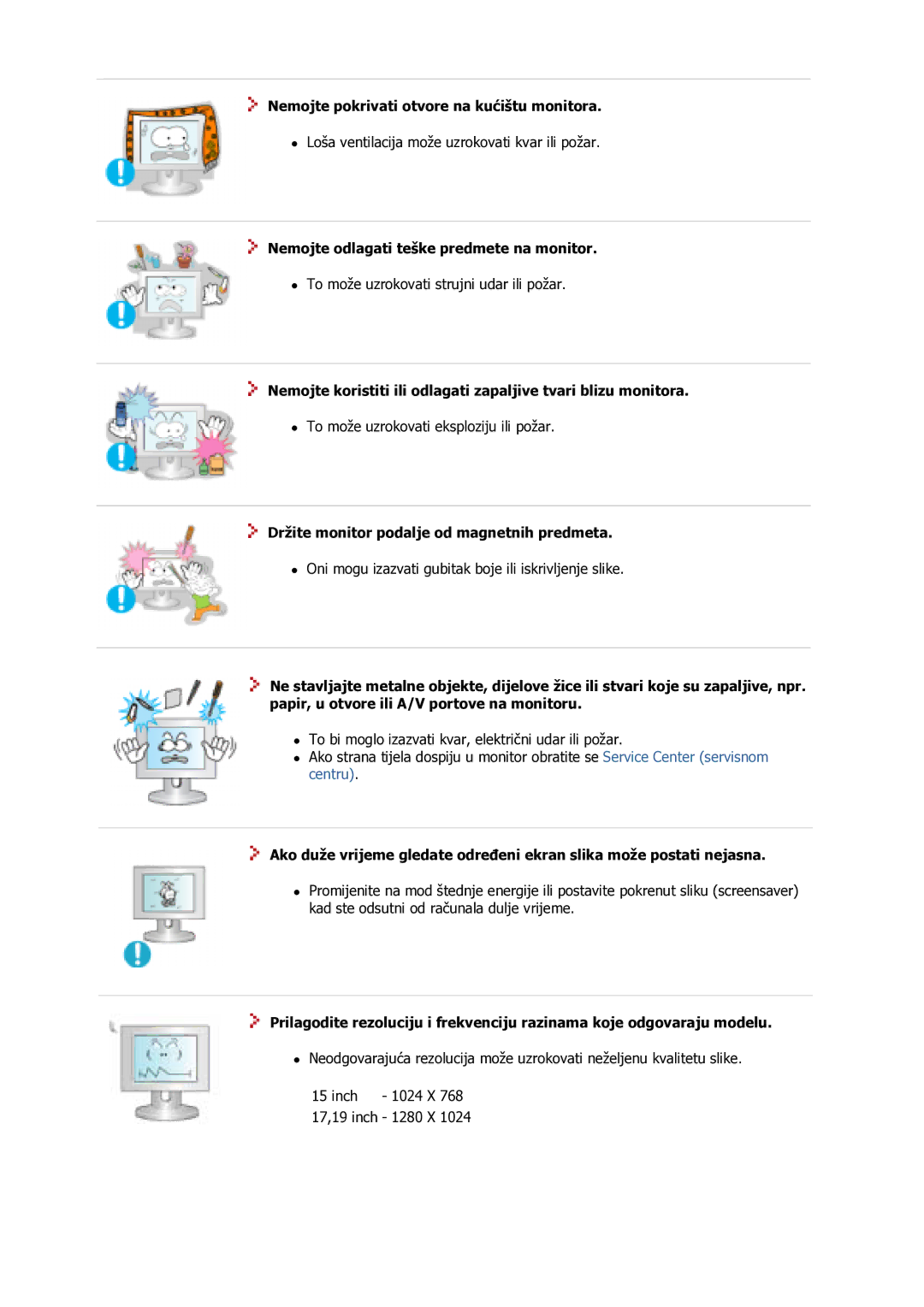 Samsung GS17VSSS/EDC manual Nemojte pokrivati otvore na kućištu monitora, Nemojte odlagati teške predmete na monitor 