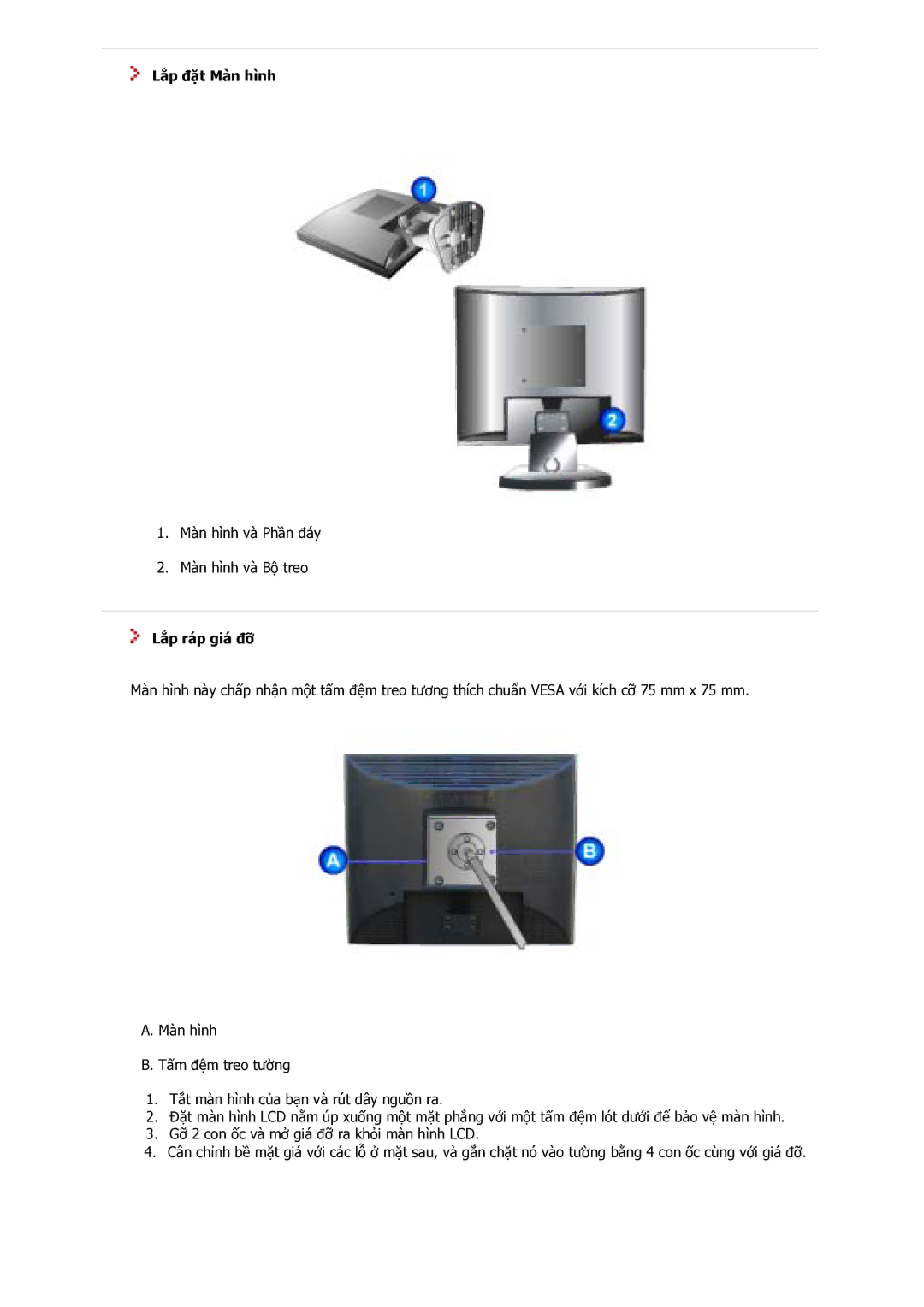 Samsung GS17VSSS/VNT manual Lắp đặt Màn hình, Lắp ráp giá đỡ 