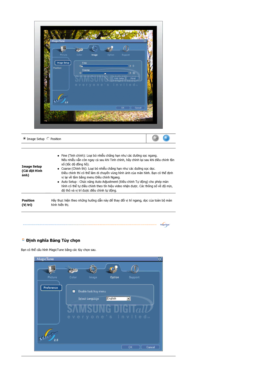 Samsung GS17VSSS/VNT manual Định nghĩa Bảng Tùy chọn, Image Setup Cài đặt Hình ảnh 