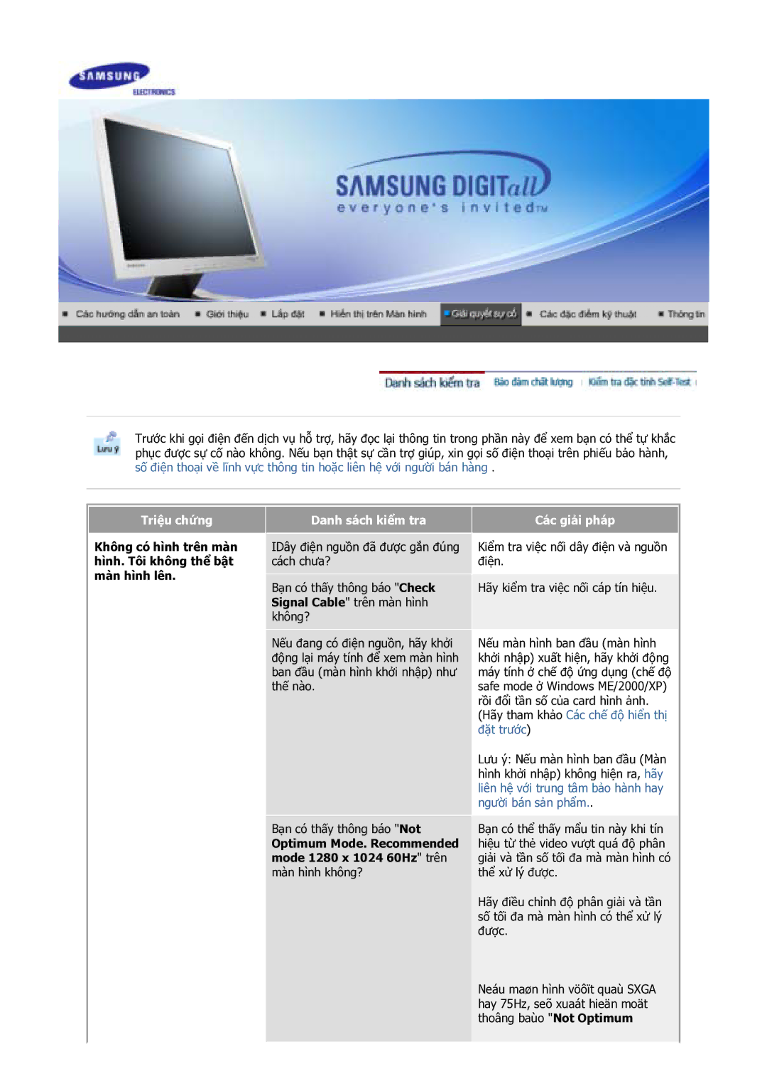 Samsung GS17VSSS/VNT manual Triệu chứng, Không có hình trên màn hình. Tôi không thể bật màn hình lên, Danh sách kiểm tra 