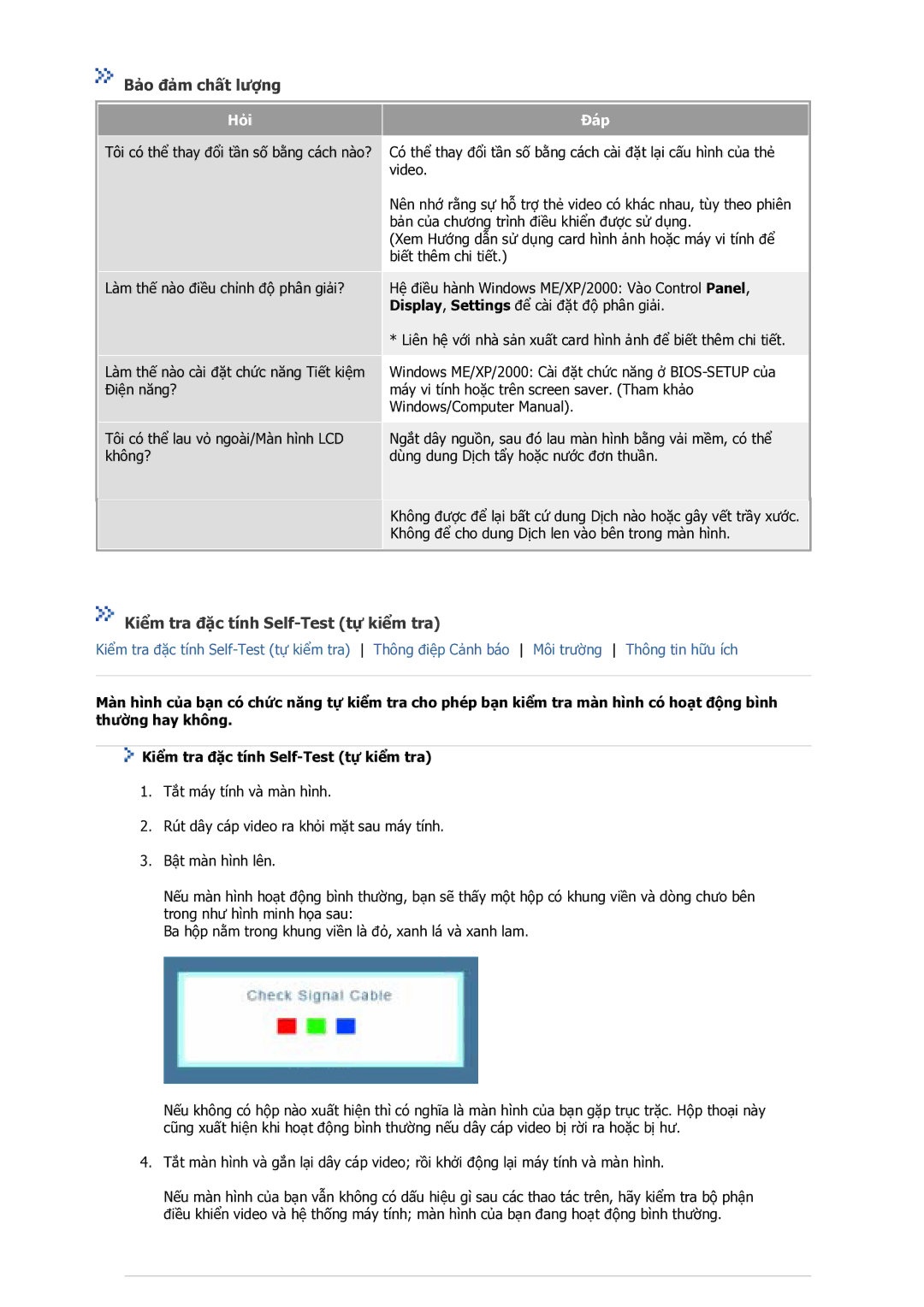 Samsung GS17VSSS/VNT manual Bảo đảm chất lượng, Kiểm tra đặc tính Self-Test tự kiểm tra, Hỏi, Đáp 