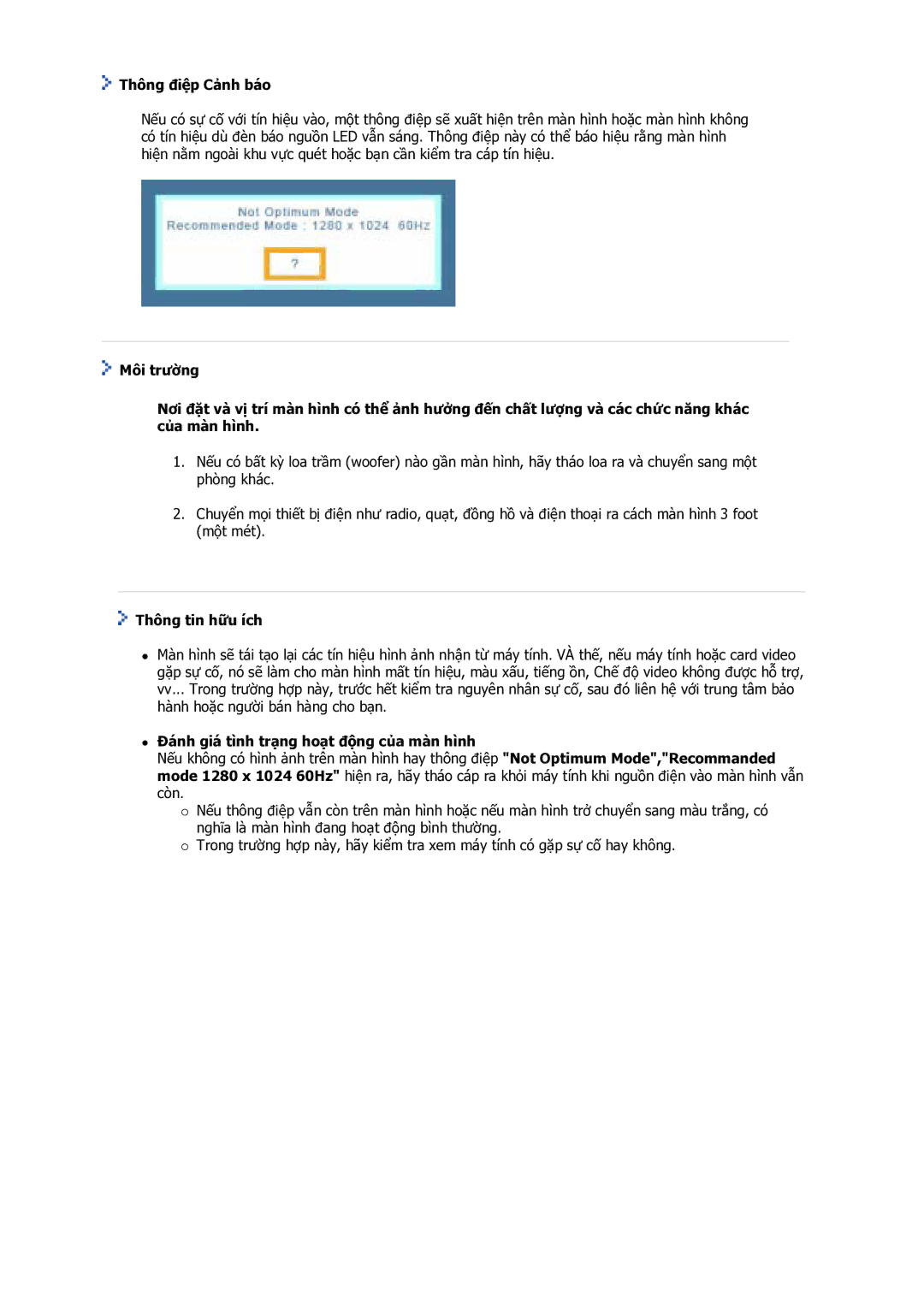Samsung GS17VSSS/VNT manual Thông điệp Cảnh báo, Thông tin hữu ích, Đánh giá tình trạng hoạt động của màn hình 