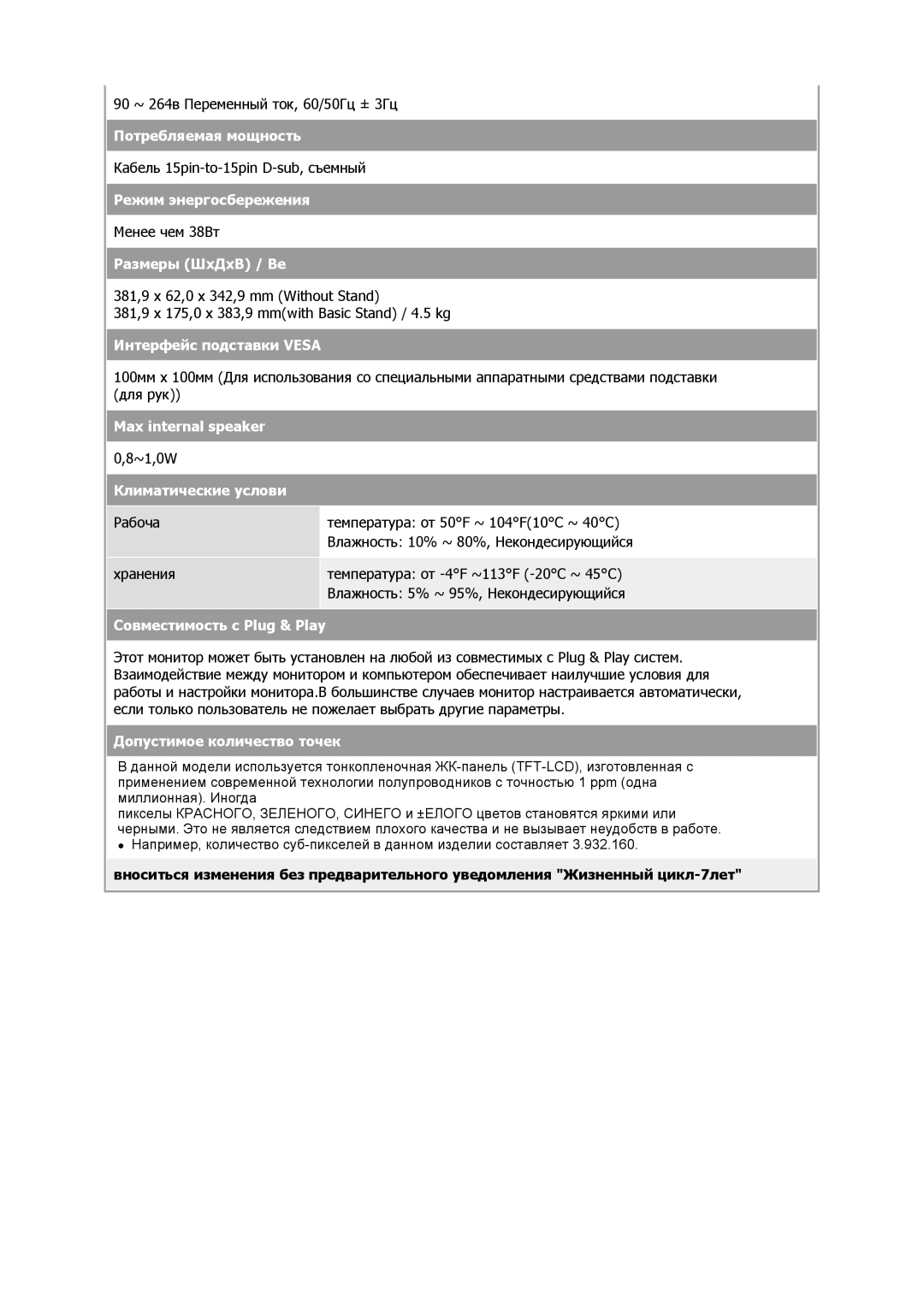 Samsung GS17VSSSY/EDC, GS17VSSS/EDC, GS17VSSN/EDC, GS17CSSS/EDC, GS17CSSN/EDC manual Потребляемая мощность 