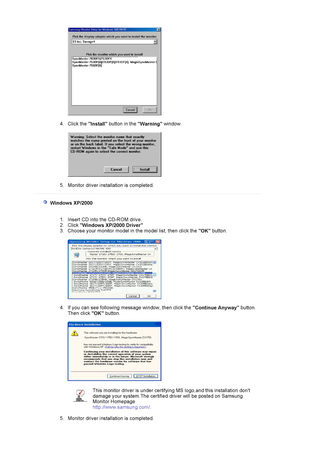 Samsung LS19MJAKSZ/XSJ, GS17VSSSY/EDC, LS19MJAKNZ/XSJ, LS19MJAKBZ/XSJ, LS19MJAKSZ/EDC manual Click Windows XP/2000 Driver 