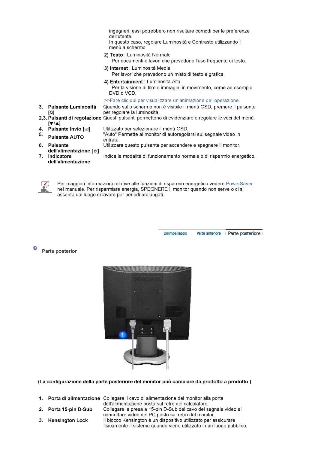 Samsung LS17MJAKSZ/CLT, GS17VSSSY/EDC manual Fare clic qui per visualizzare unanimazione delloperazione, Parte posterior 