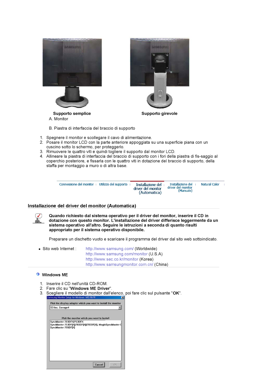 Samsung GS17VSSSY/EDC, LS19MJAKSZ/EDC manual Supporto semplice Supporto girevole, Fare clic su Windows ME Driver 
