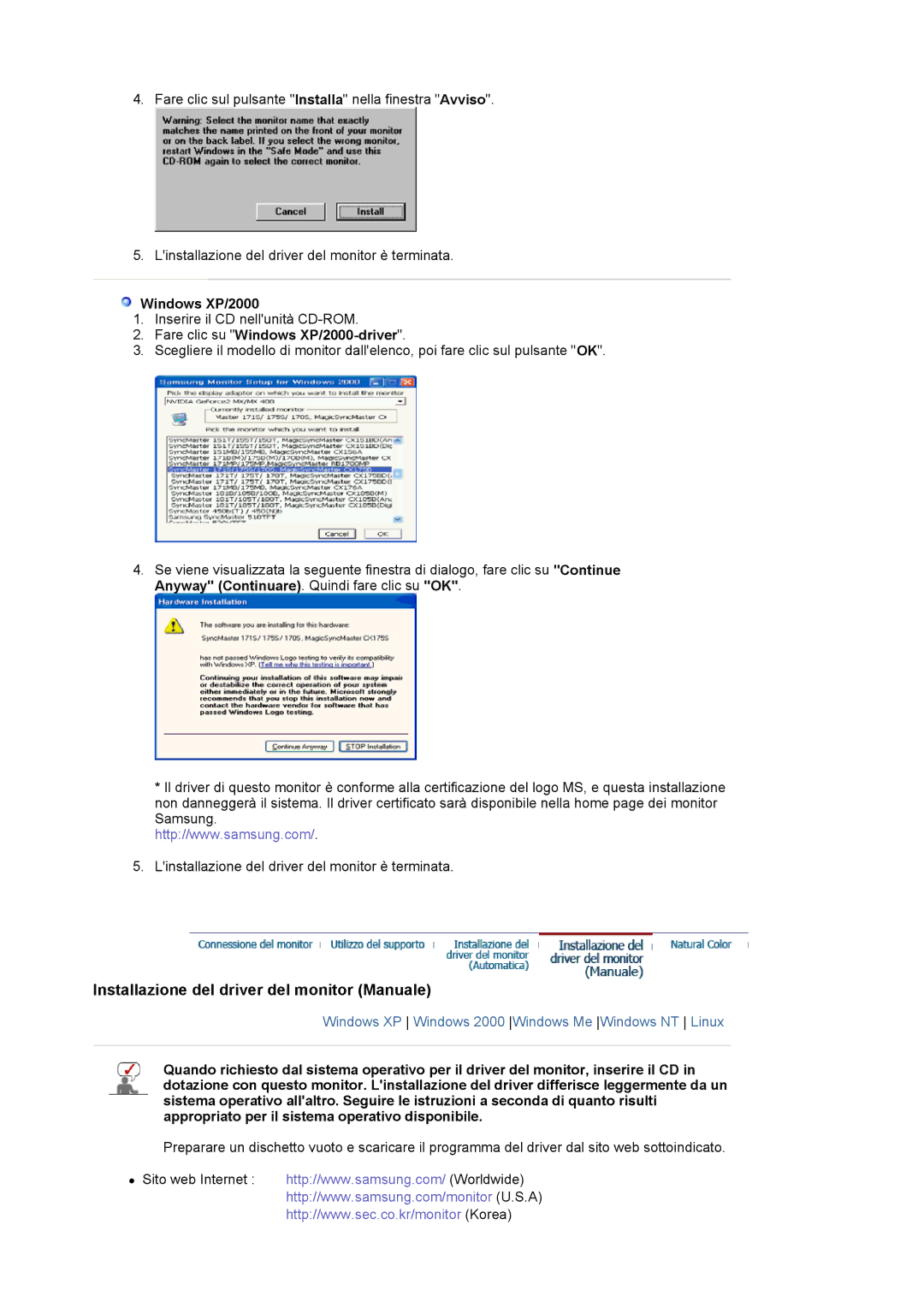 Samsung LS19MJAKSZ/EDC, GS17VSSSY/EDC, LS17MJAKSZ/CLT manual Fare clic su Windows XP/2000-driver 