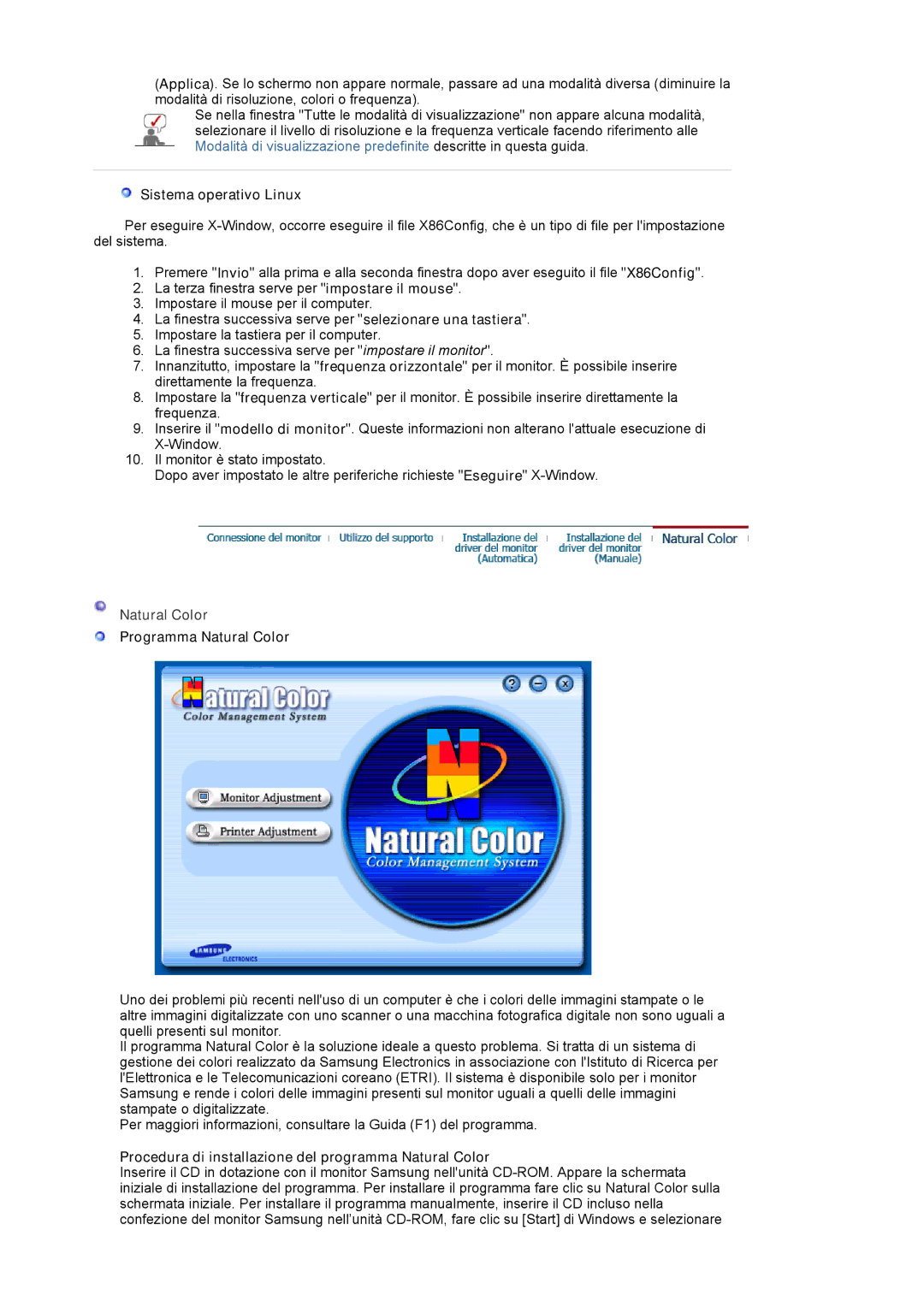 Samsung LS17MJAKSZ/CLT, GS17VSSSY/EDC, LS19MJAKSZ/EDC manual Sistema operativo Linux, Programma Natural Color 