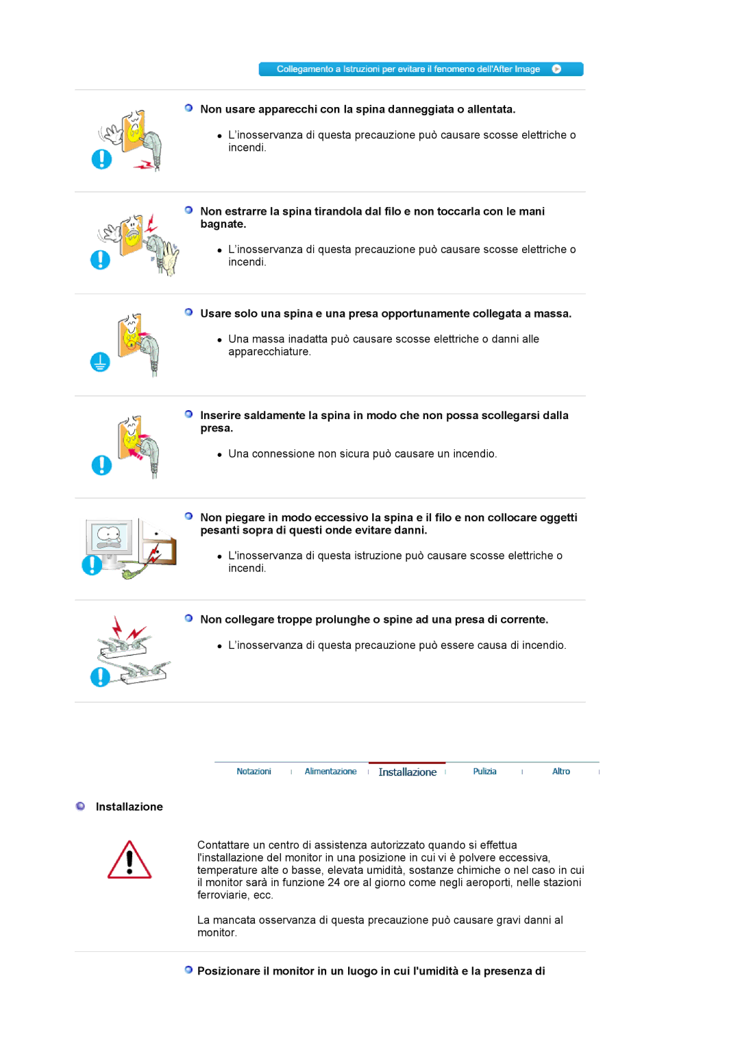 Samsung GS17VSSSY/EDC, LS19MJAKSZ/EDC manual Non usare apparecchi con la spina danneggiata o allentata, Installazione 