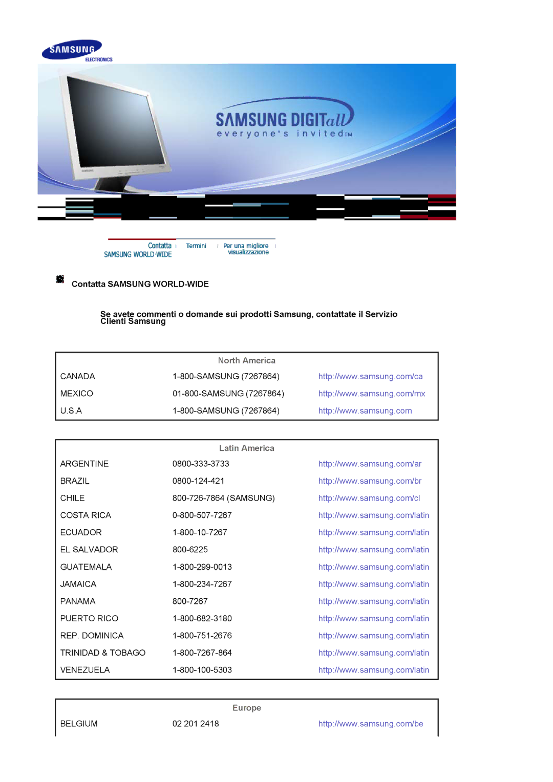 Samsung LS19MJAKSZ/EDC, GS17VSSSY/EDC, LS17MJAKSZ/CLT manual North America, Latin America, Europe 