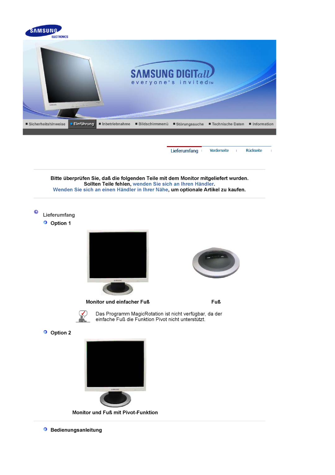 Samsung GS17VSSSY/EDC, LS19MJAKSZ/EDC manual Lieferumfang, Option Monitor und einfacher Fuß 