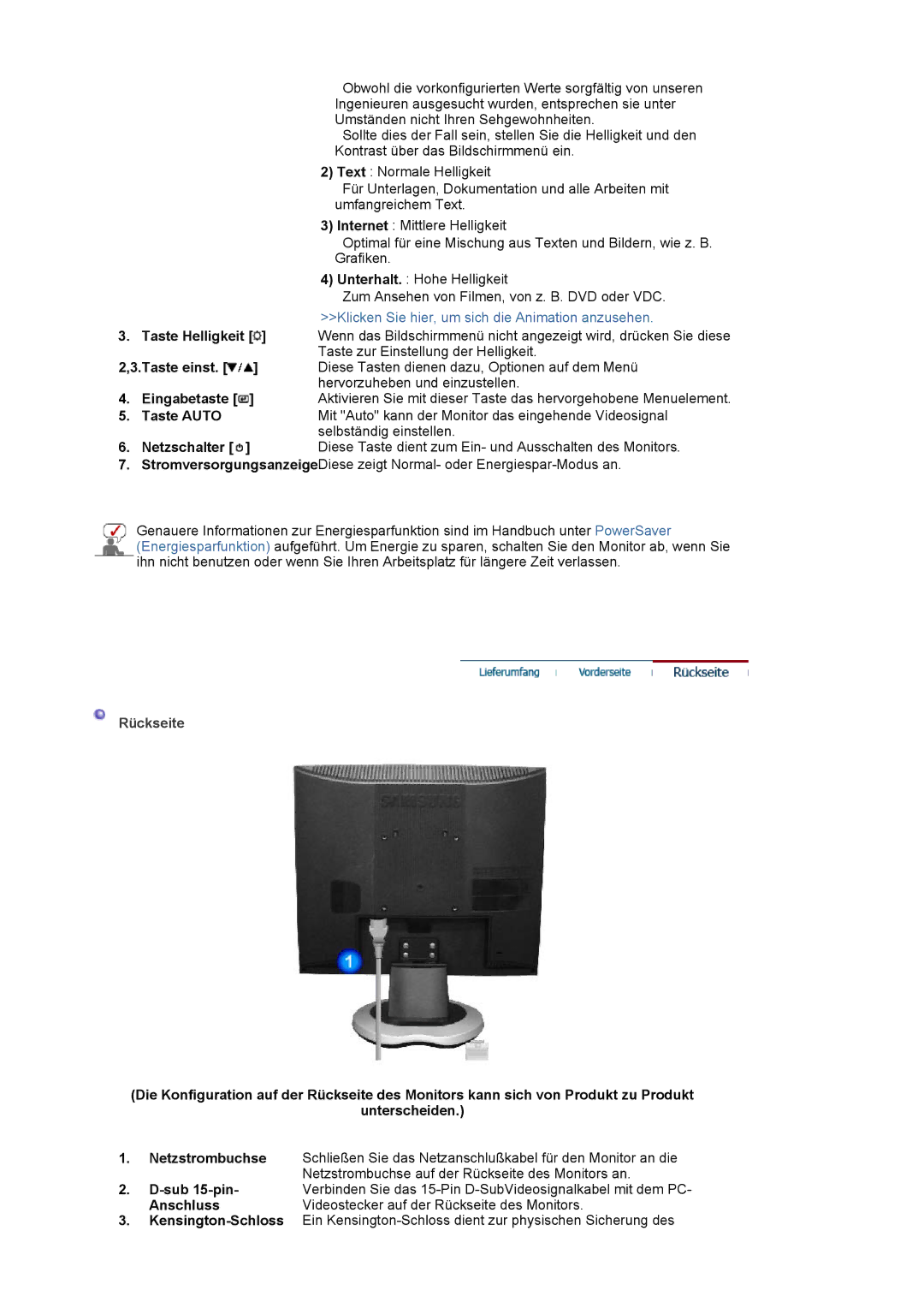 Samsung GS17VSSSY/EDC, LS19MJAKSZ/EDC manual Rückseite, Sub 15-pin, Anschluss 