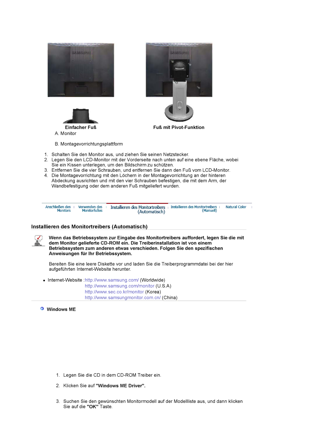 Samsung GS17VSSSY/EDC, LS19MJAKSZ/EDC manual Einfacher Fuß Fuß mit Pivot-Funktion, Klicken Sie auf Windows ME Driver 