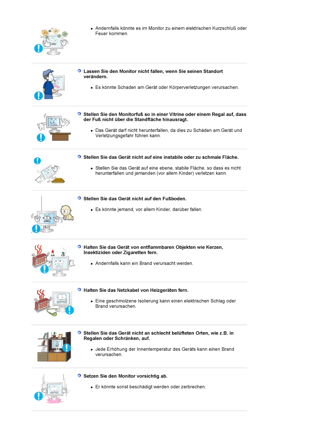 Samsung GS17VSSSY/EDC manual Stellen Sie das Gerät nicht auf den Fußboden, Halten Sie das Netzkabel von Heizgeräten fern 