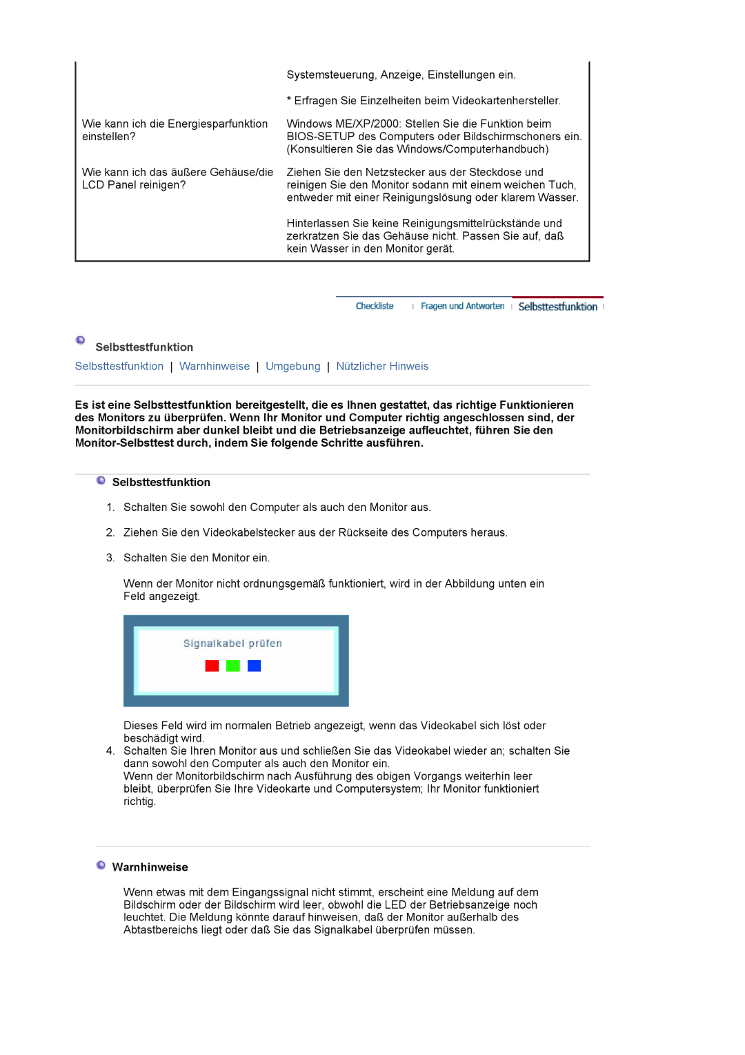 Samsung LS19MJAKSZ/EDC, GS17VSSSY/EDC manual Selbsttestfunktion, Warnhinweise 