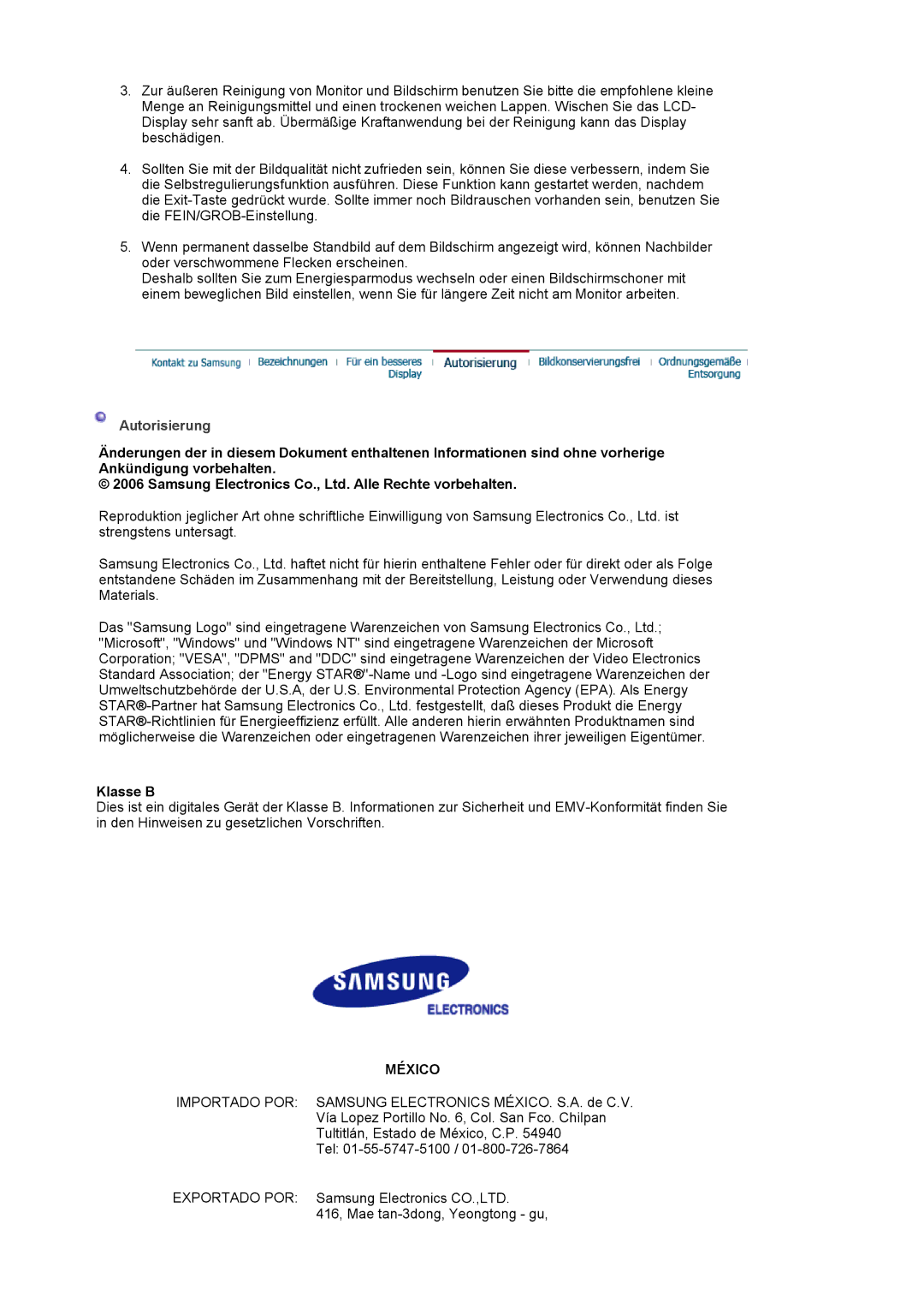 Samsung GS17VSSSY/EDC, LS19MJAKSZ/EDC manual Autorisierung, México 