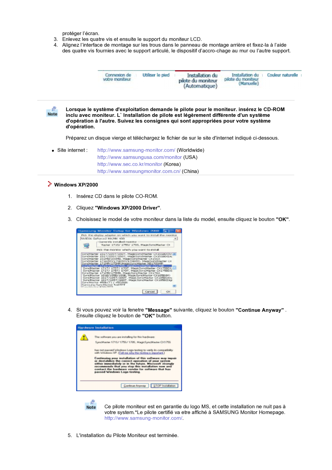 Samsung GS17VTSS/EDC, GS17VTSN/EDC manual Cliquez Windows XP/2000 Driver 