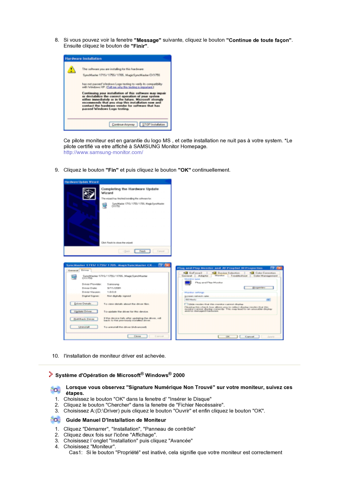 Samsung GS17VTSN/EDC, GS17VTSS/EDC manual Guide Manuel DInstallation de Moniteur 