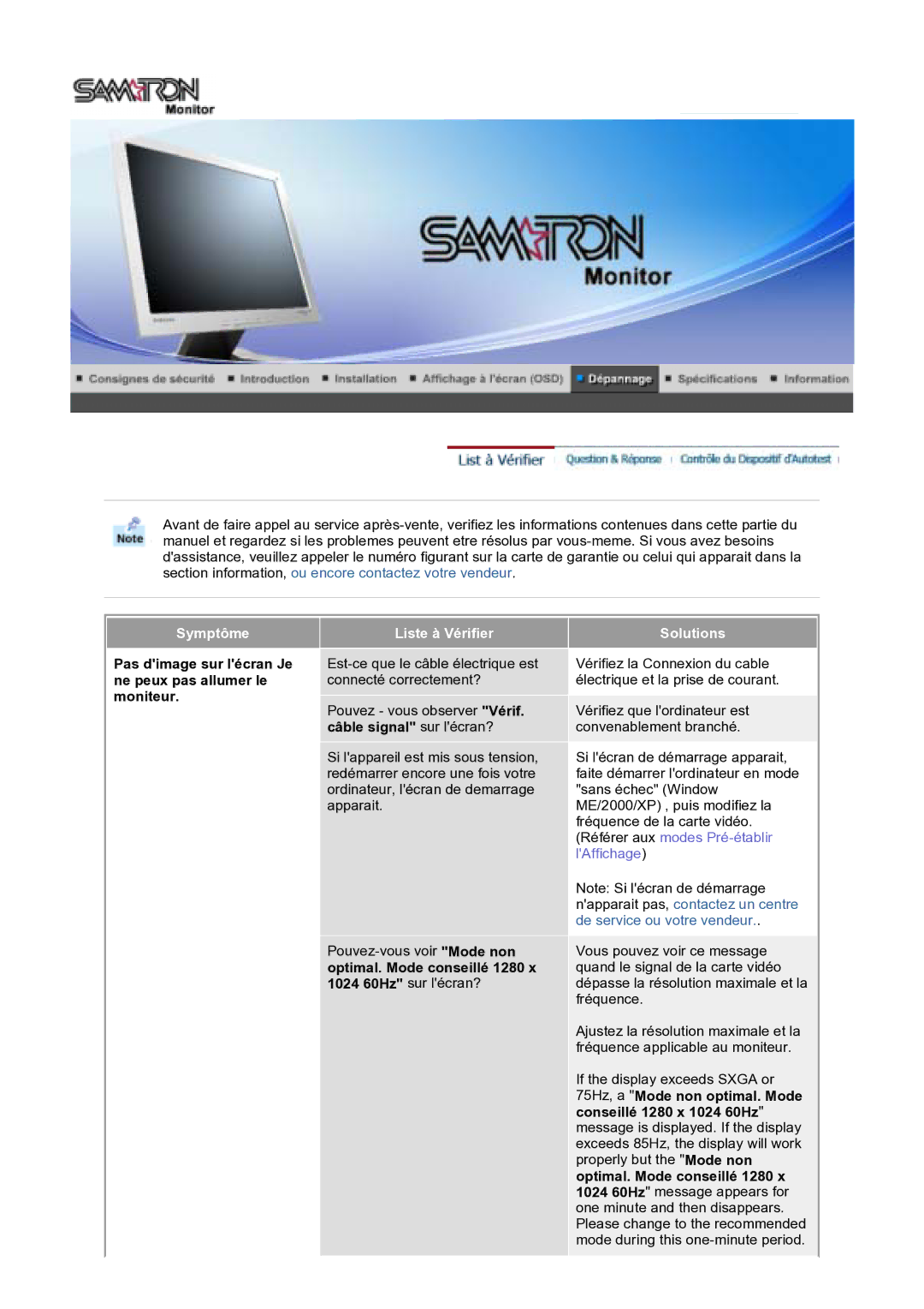 Samsung GS17VTSN/EDC manual Symptôme, Pas dimage sur lécran Je ne peux pas allumer le moniteur, Liste à Vérifier, Solutions 