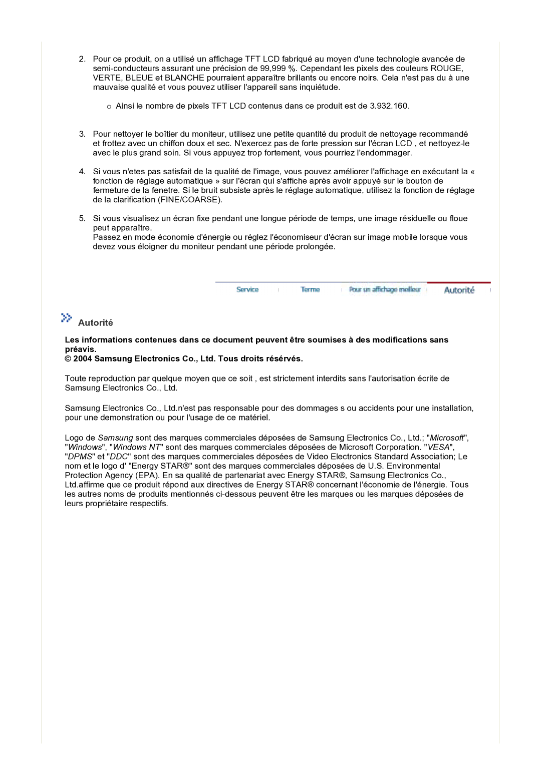 Samsung GS17VTSS/EDC, GS17VTSN/EDC manual Autorité 