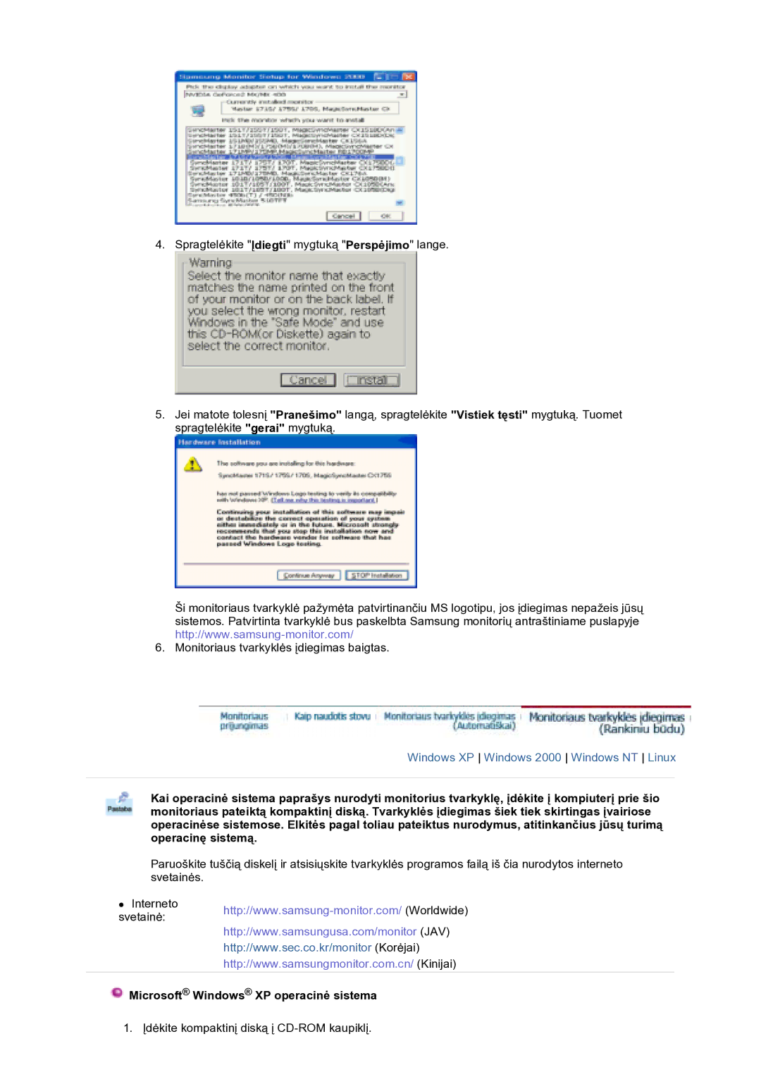 Samsung GS17VTSS/EDC manual Microsoft Windows XP operacinė sistema 