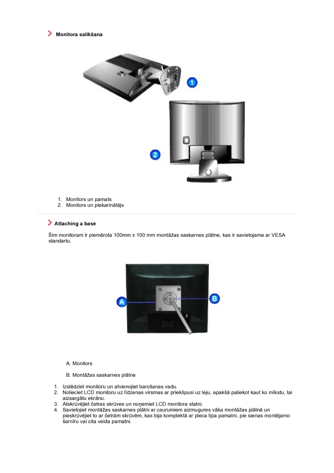 Samsung GS17VTSS/EDC manual Monitora salikšana, Attaching a base 