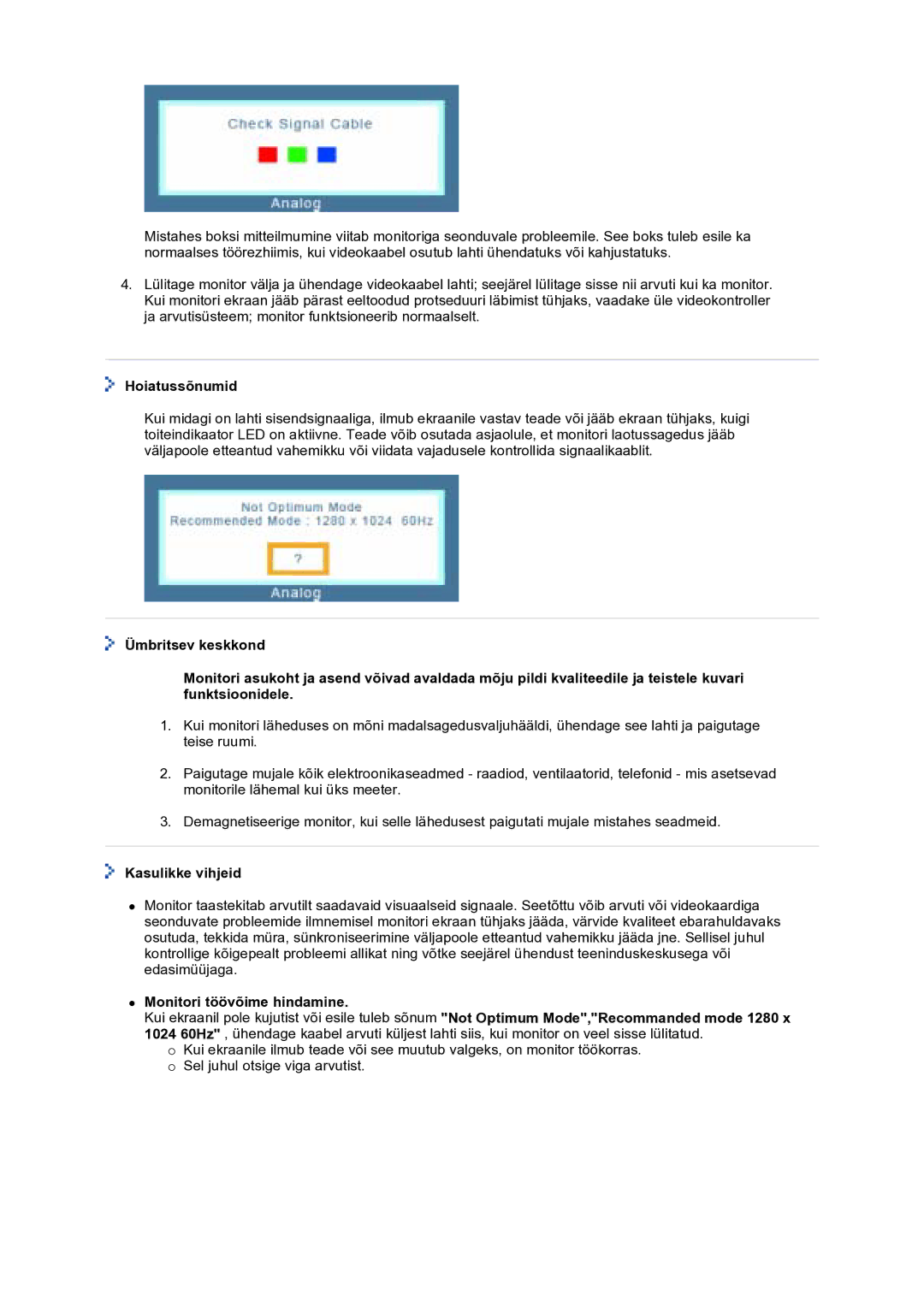 Samsung GS17VTSS/EDC manual Hoiatussõnumid, Kasulikke vihjeid, Monitori töövõime hindamine 