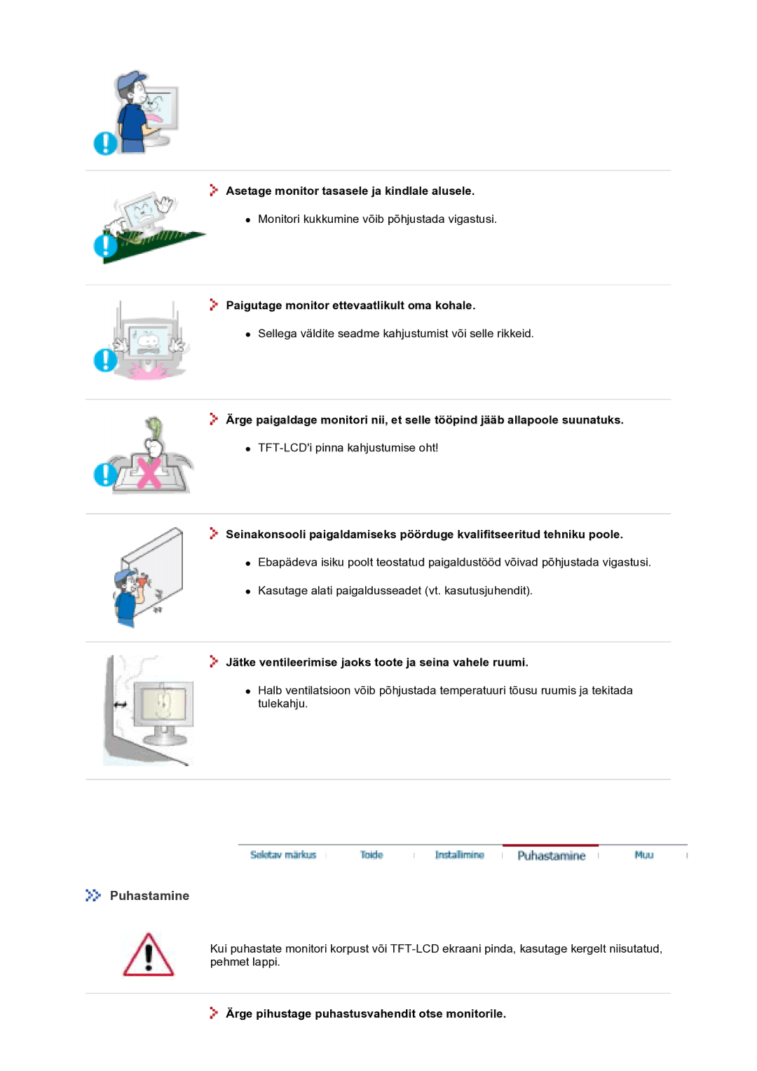 Samsung GS17VTSS/EDC manual Puhastamine, Asetage monitor tasasele ja kindlale alusele 