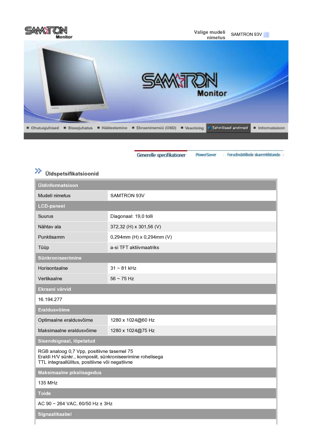 Samsung GS17VTSS/EDC manual Horisontaalne 31 ~ 81 kHz Vertikaalne 56 ~ 75 Hz 