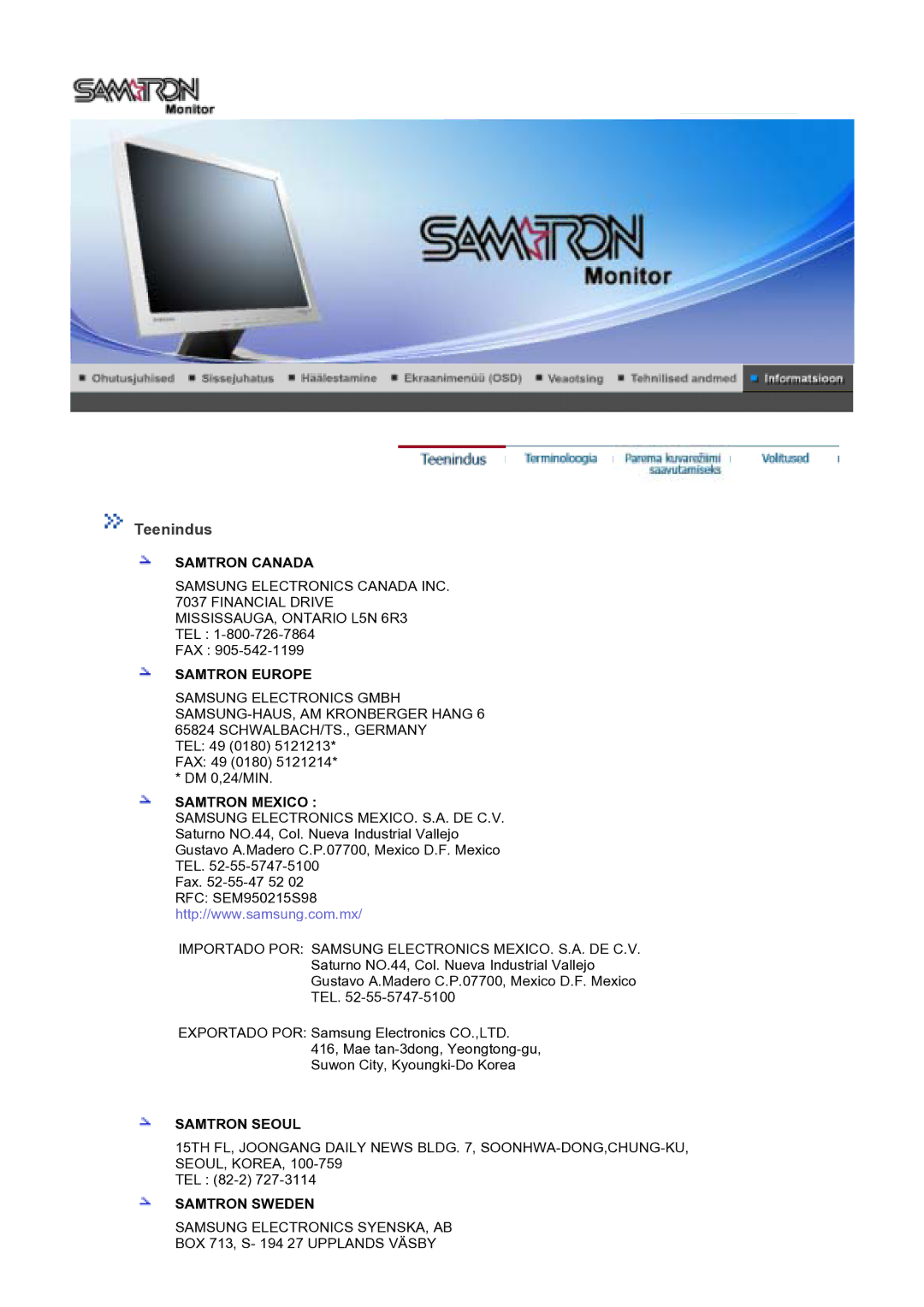 Samsung GS17VTSS/EDC manual Teenindus, Samtron Europe 