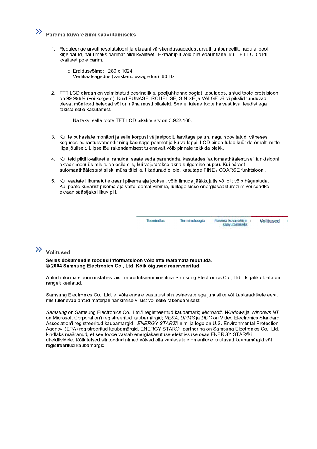 Samsung GS17VTSS/EDC manual Parema kuvarežiimi saavutamiseks, Volitused 