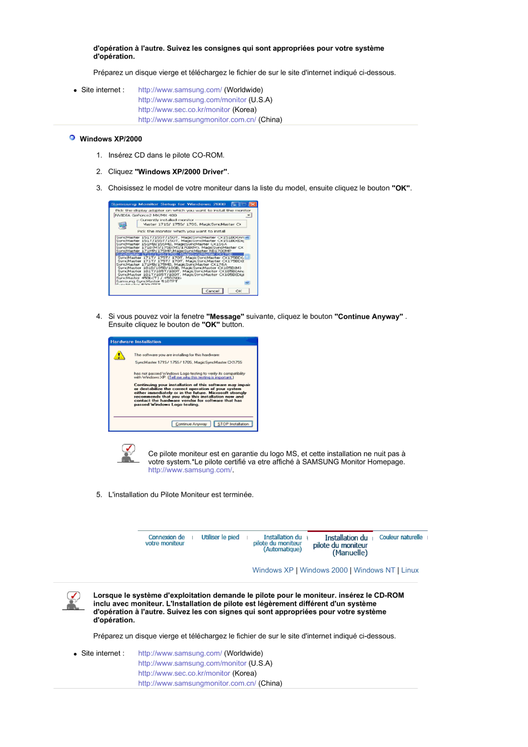 Samsung GS19ESSS/EDC manual Cliquez Windows XP/2000 Driver 