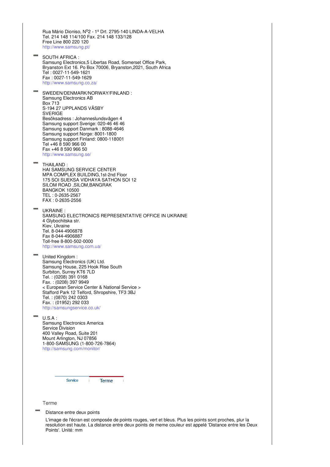 Samsung GS19ESSS/EDC manual Terme, United Kingdom, Distance entre deux points 