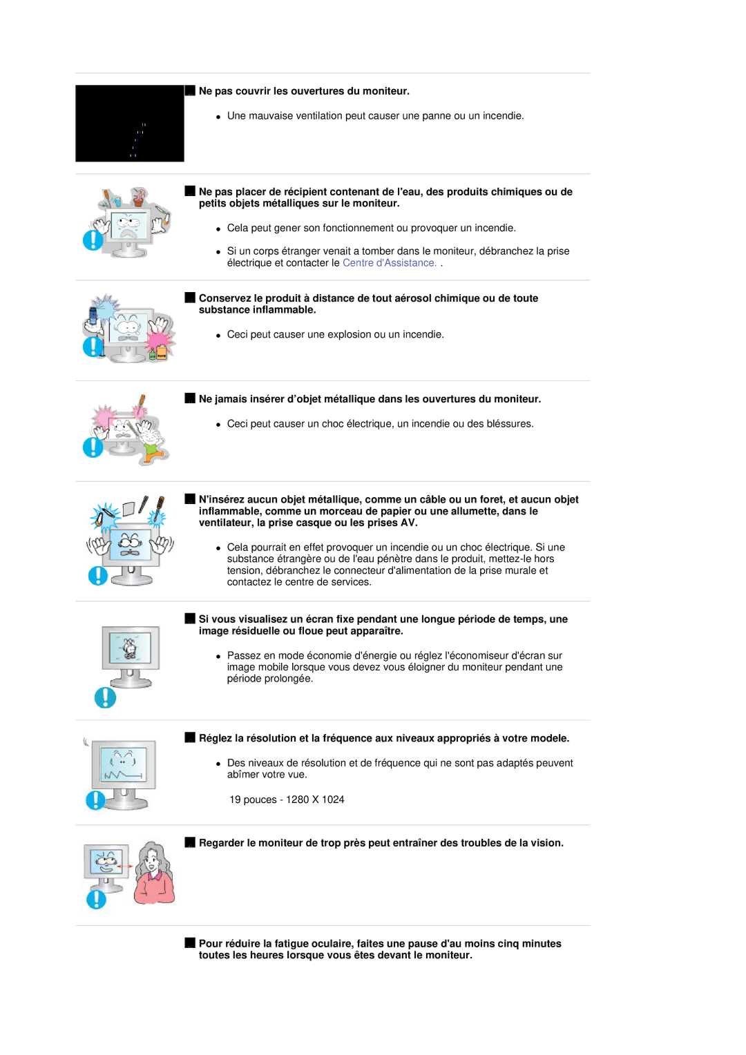 Samsung GS19ESSS/EDC manual Ne pas couvrir les ouvertures du moniteur 