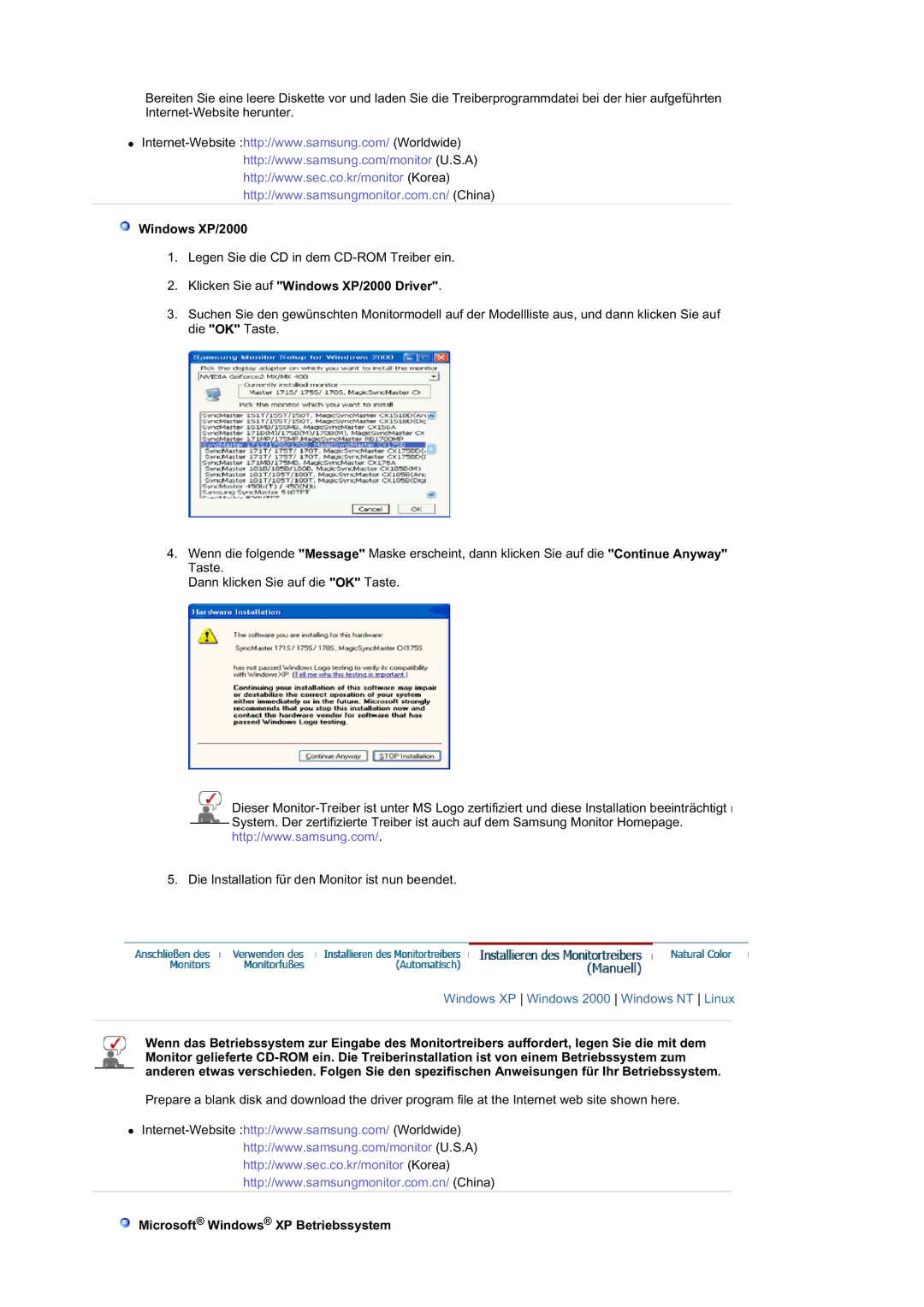 Samsung GS19ESSS/EDC manual Klicken Sie auf Windows XP/2000 Driver, Microsoft Windows XP Betriebssystem 